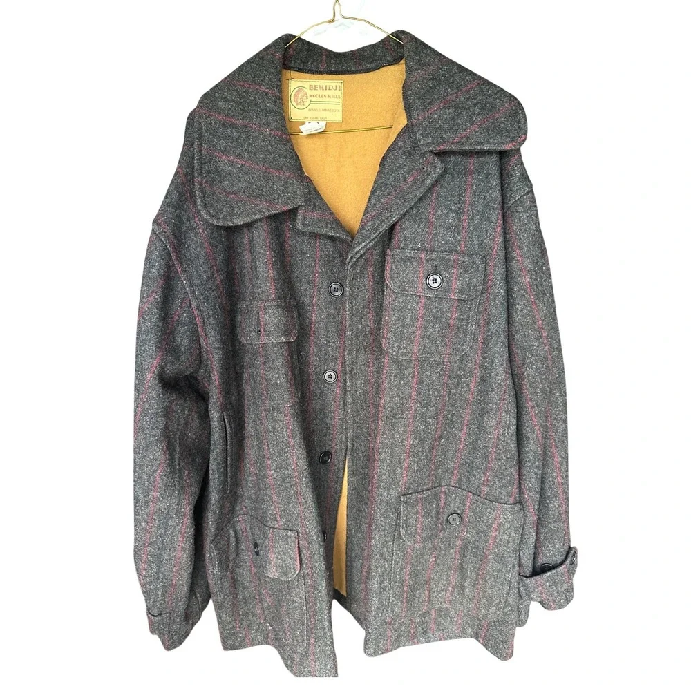 Bemidji Woolen Mills Vintage Wool Cruiser Jacket Grey Red Pinstripe Size 52 Sp